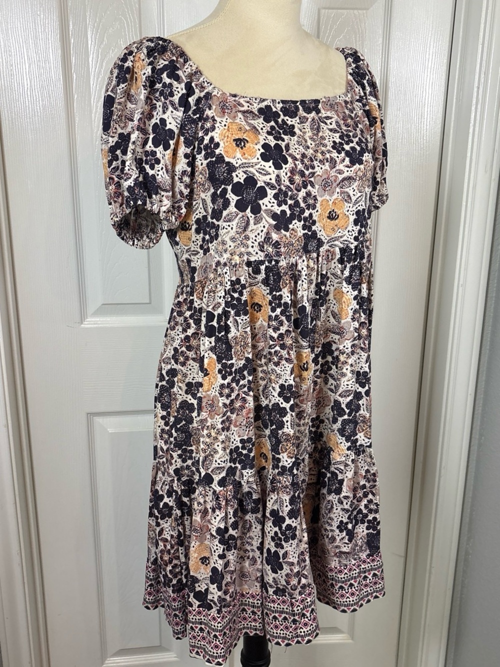 Square Neck Puff Sleeve Floral Mini Dress in Cream and Mustard